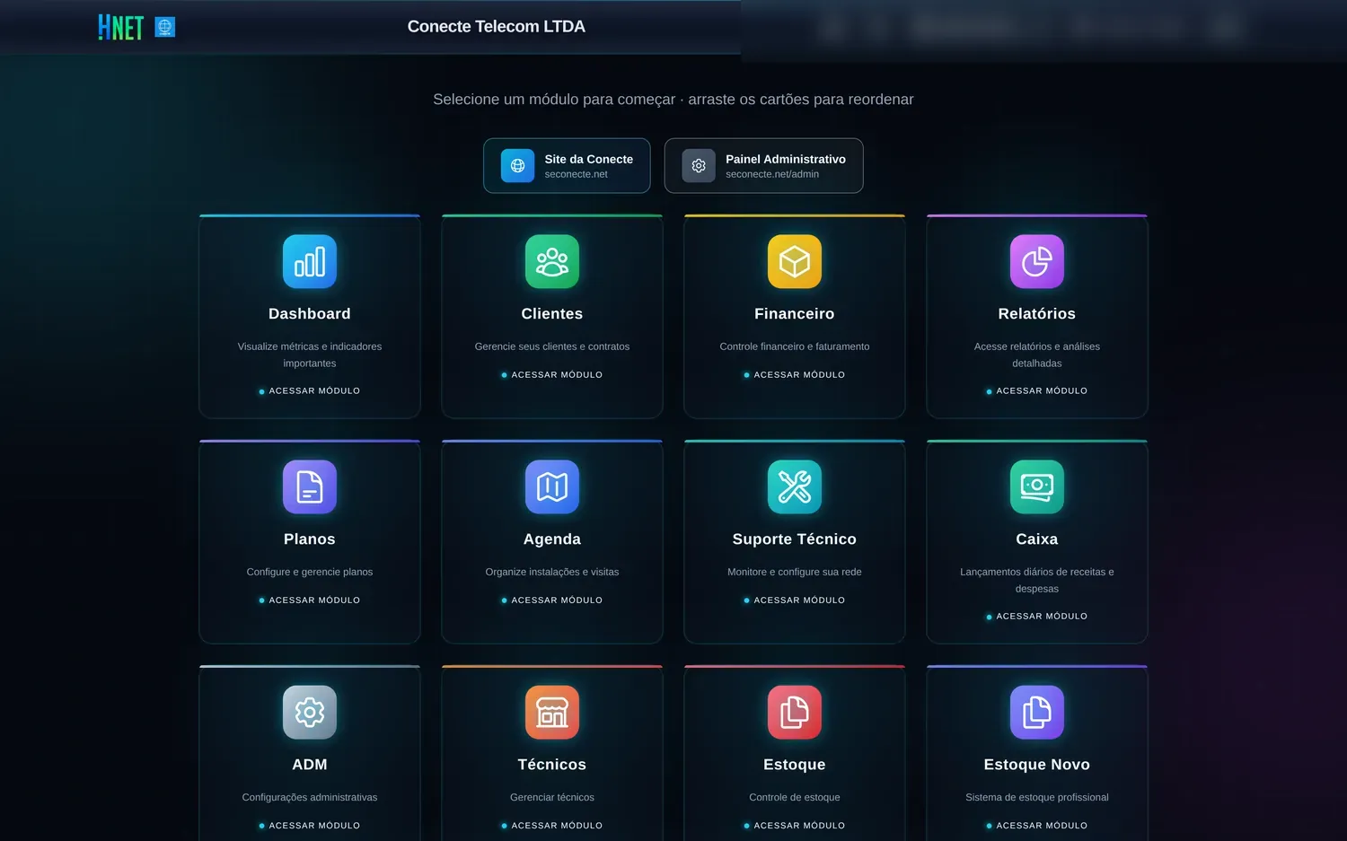 Tela inicial do HNet com os módulos disponíveis para o usuário